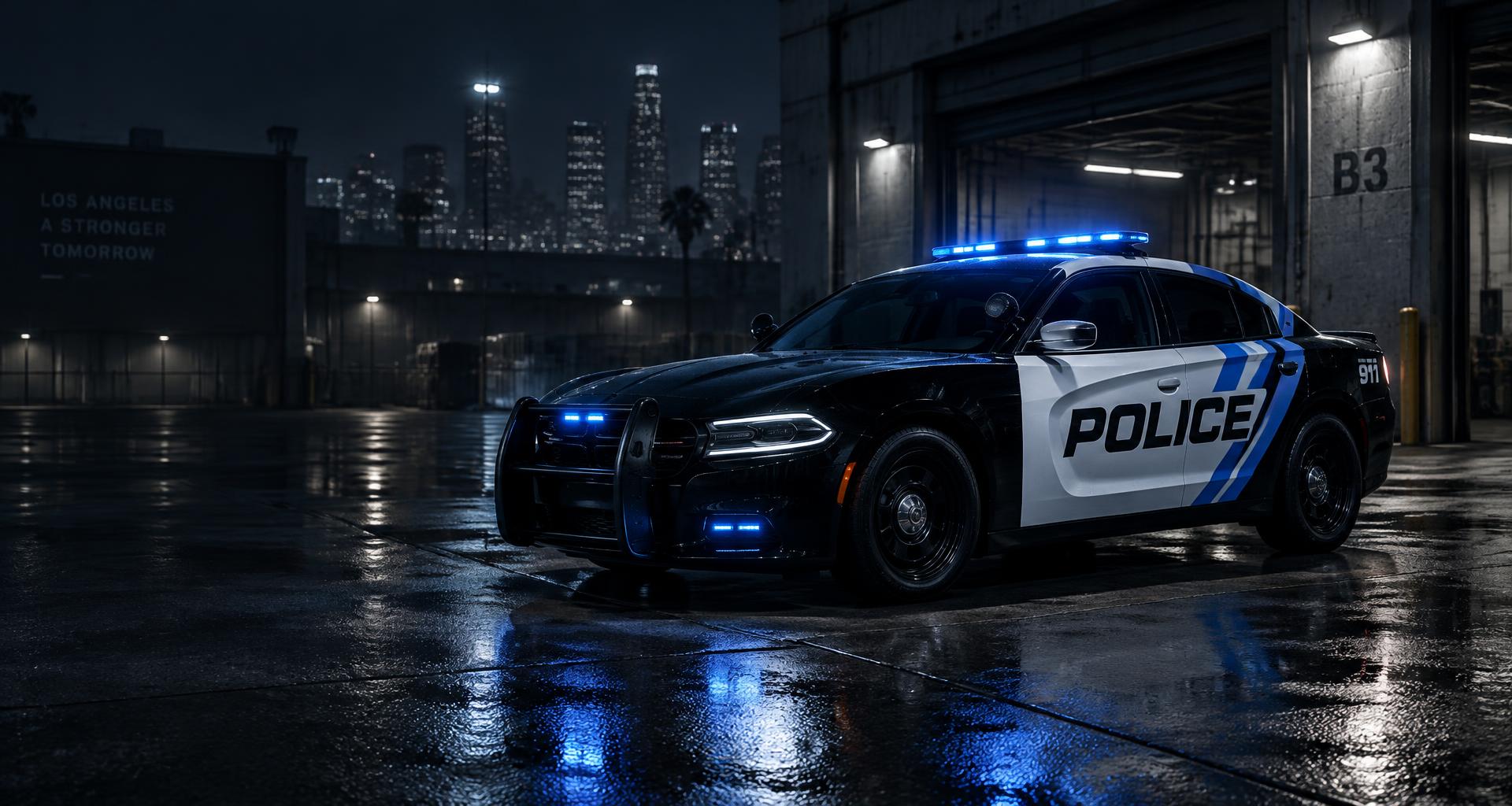 Custom black, white and electric-blue police livery at a Los Santos garage